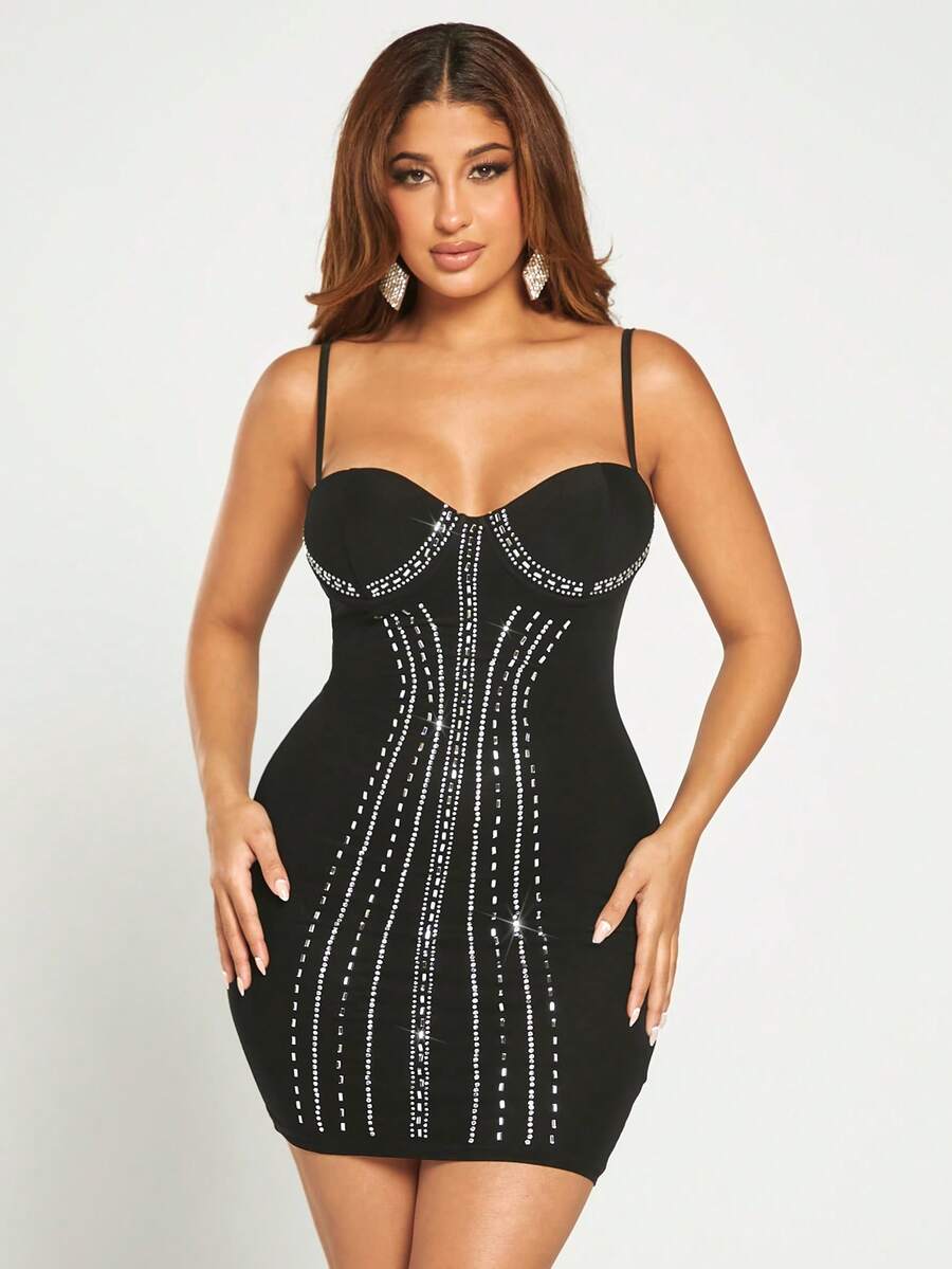 SHEIN SXY 水鑽細節緊身洋裝 - 黑色 - 查看 1