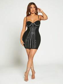 SHEIN SXY 水鑽細節緊身洋裝 - 黑色 - 查看 4