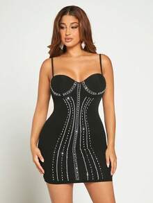 SHEIN SXY 水鑽細節緊身洋裝 - 黑色 - 查看 6