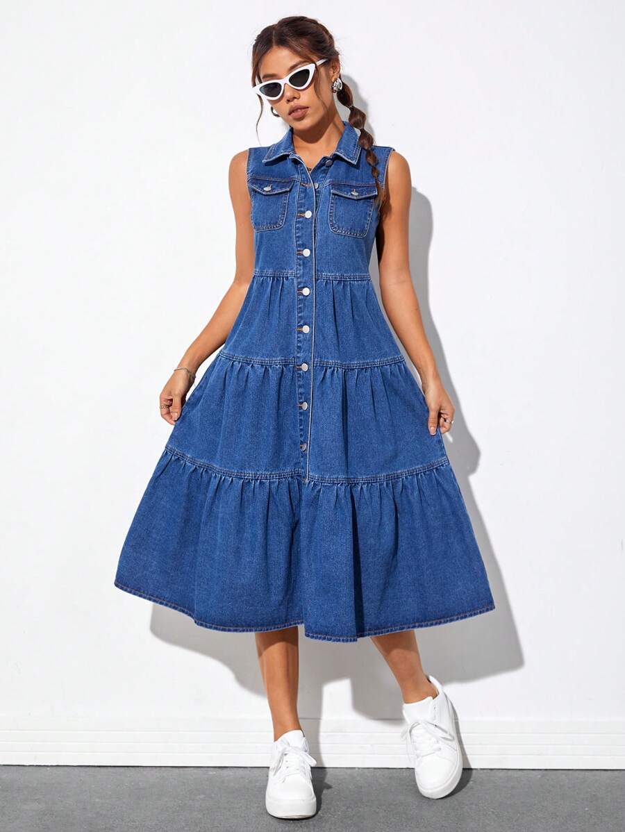 SHEIN PETITE 翻蓋口袋荷葉邊牛仔裙 - 中等水洗藍 - 查看 1