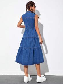 SHEIN PETITE 翻蓋口袋荷葉邊牛仔裙 - 中等水洗藍 - 查看 2