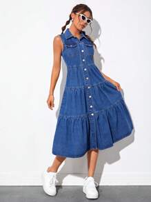 SHEIN PETITE 翻蓋口袋荷葉邊牛仔裙 - 中等水洗藍 - 查看 3