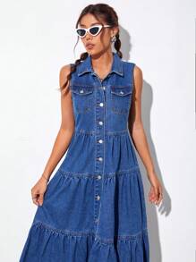 SHEIN PETITE 翻蓋口袋荷葉邊牛仔裙 - 中等水洗藍 - 查看 4