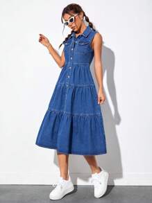 SHEIN PETITE 翻蓋口袋荷葉邊牛仔裙 - 中等水洗藍 - 查看 5