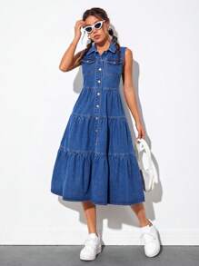 SHEIN PETITE 翻蓋口袋荷葉邊牛仔裙 - 中等水洗藍 - 查看 6