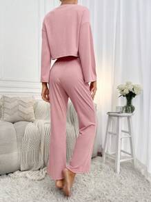 Chất rắn Chi tiết Nút Áo thun & Quần ống loe - Màu Hồng baby - Xem 2