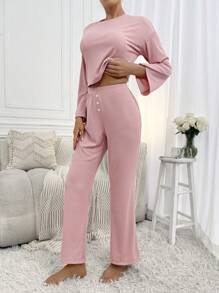 Chất rắn Chi tiết Nút Áo thun & Quần ống loe - Màu Hồng baby - Xem 4