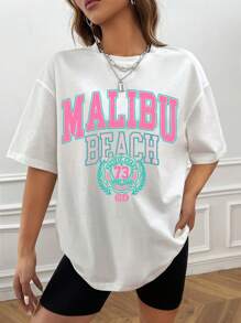 SHEIN EZwear Camiseta de mujer de cuello redondo oversize con estampado de letras, adecuada para el verano - Blanco - Ver 2