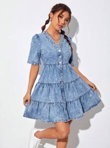 SHEIN PETITE 泡泡袖荷葉邊牛仔洋裝 - 藍色 - 查看 1