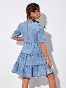 SHEIN PETITE 泡泡袖荷葉邊牛仔洋裝 - 藍色 - 查看 2