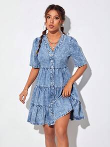 SHEIN PETITE 泡泡袖荷葉邊牛仔洋裝 - 藍色 - 查看 3