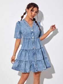 SHEIN PETITE 泡泡袖荷葉邊牛仔洋裝 - 藍色 - 查看 4