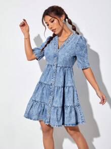 SHEIN PETITE 泡泡袖荷葉邊牛仔洋裝 - 藍色 - 查看 5