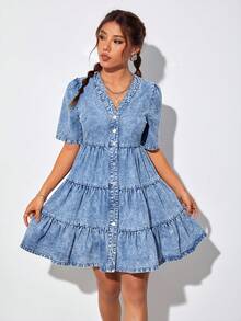 SHEIN PETITE 泡泡袖荷葉邊牛仔洋裝 - 藍色 - 查看 6