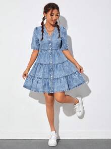 SHEIN PETITE 泡泡袖荷葉邊牛仔洋裝 - 藍色 - 查看 7