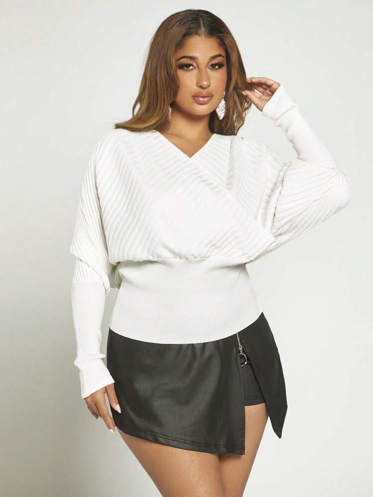 Solid Batwing Sleeve Wrap Detail Ribbed Knit Sweater