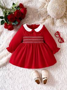 SHEIN Đứa bé gái Cổ áo tương phản tay áo lá sen Cổ tròn Đầm - Đỏ - Xem 1