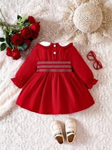 SHEIN Đứa bé gái Cổ áo tương phản tay áo lá sen Cổ tròn Đầm - Đỏ - Xem 2