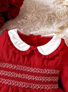 SHEIN Đứa bé gái Cổ áo tương phản tay áo lá sen Cổ tròn Đầm - Đỏ - Xem 3