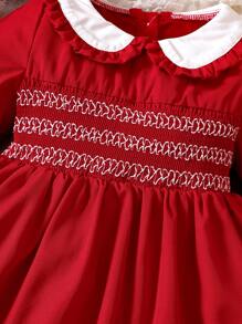 SHEIN Đứa bé gái Cổ áo tương phản tay áo lá sen Cổ tròn Đầm - Đỏ - Xem 4