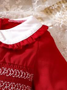 SHEIN Đứa bé gái Cổ áo tương phản tay áo lá sen Cổ tròn Đầm - Đỏ - Xem 5