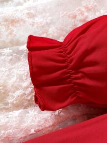 SHEIN Đứa bé gái Cổ áo tương phản tay áo lá sen Cổ tròn Đầm - Đỏ - Xem 6