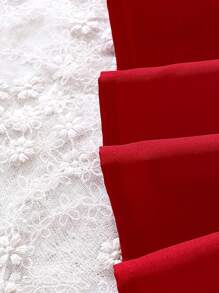 SHEIN Đứa bé gái Cổ áo tương phản tay áo lá sen Cổ tròn Đầm - Đỏ - Xem 8