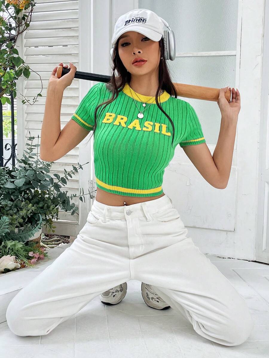 SHEIN Unity Đồ họa Chữ cái Viền tương phản Áo đan Crop - màu xanh lá - Xem 1