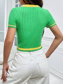 SHEIN Unity Đồ họa Chữ cái Viền tương phản Áo đan Crop - màu xanh lá - Xem 2