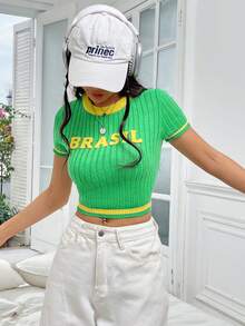 SHEIN Unity Đồ họa Chữ cái Viền tương phản Áo đan Crop - màu xanh lá - Xem 3