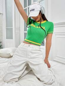 SHEIN Unity Đồ họa Chữ cái Viền tương phản Áo đan Crop - màu xanh lá - Xem 4