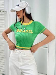 SHEIN Unity Đồ họa Chữ cái Viền tương phản Áo đan Crop - màu xanh lá - Xem 5
