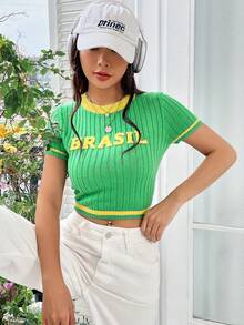 SHEIN Unity Đồ họa Chữ cái Viền tương phản Áo đan Crop - màu xanh lá - Xem 6