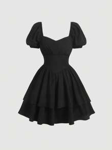 SHEIN MOD Vestido campesino de cuello de corazón con manga abullonada y doble capa en el dobladillo - Negro - Ver 1
