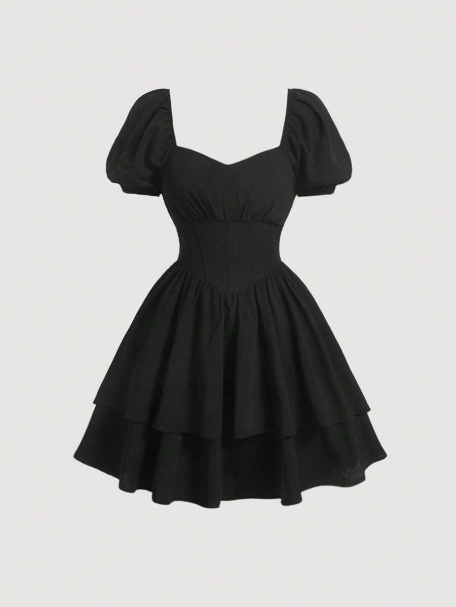 SHEIN MOD Vestido campesino de cuello de corazón con manga abullonada y doble capa en el dobladillo - Negro - Ver 1