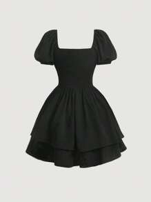 SHEIN MOD Vestido campesino de cuello de corazón con manga abullonada y doble capa en el dobladillo - Negro - Ver 2