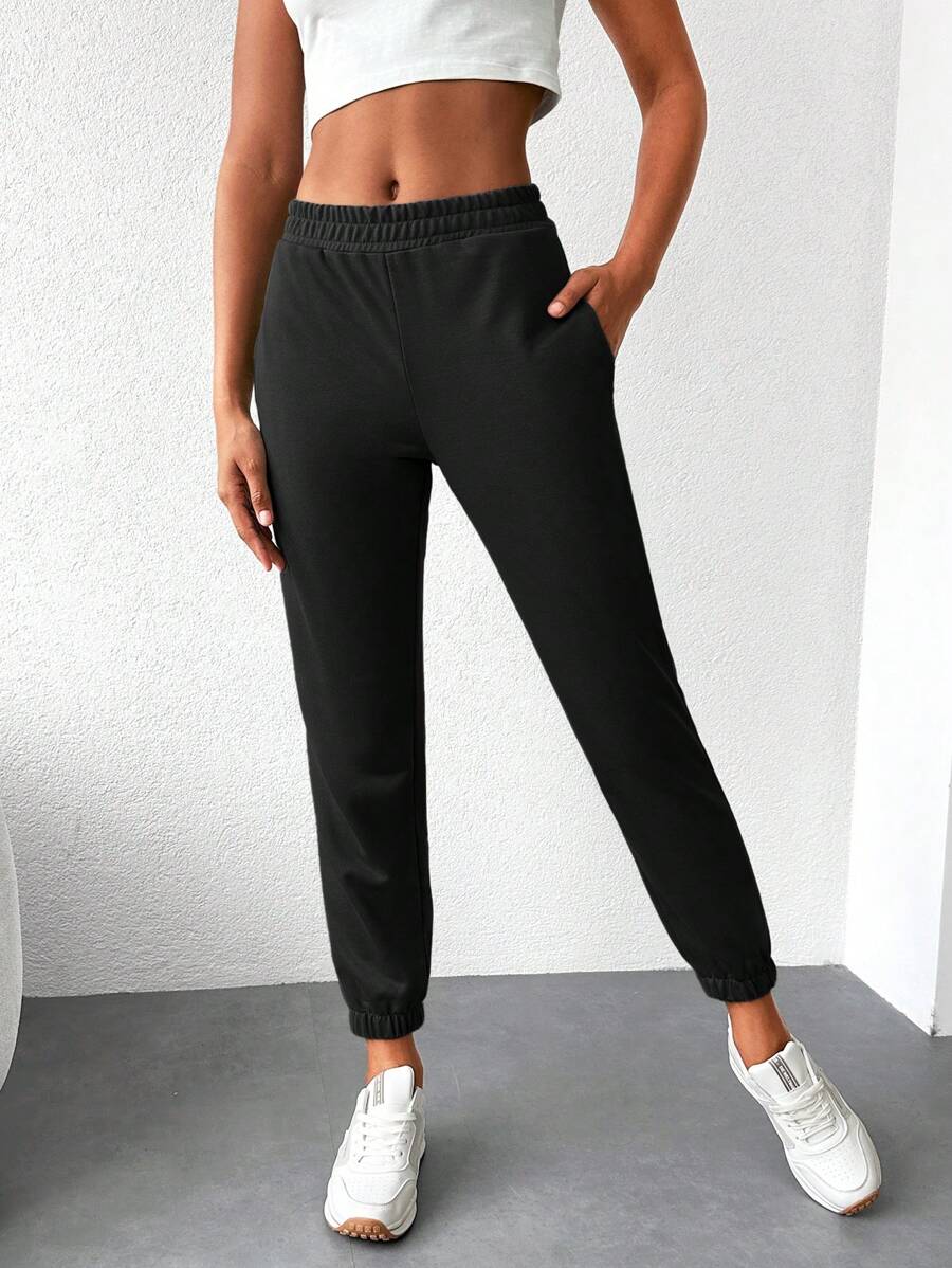 EURMUSE Solid Elastic Waist Slant Pocket Sweatpants - Black - View 1