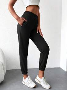 EURMUSE Solid Elastic Waist Slant Pocket Sweatpants - Black - View 4