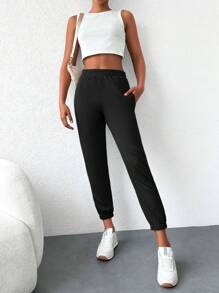 EURMUSE Solid Elastic Waist Slant Pocket Sweatpants - Black - View 5