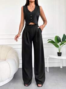 RueChic Solid Button Front Vest Blazer & Wide Leg Pants - Black - View 1