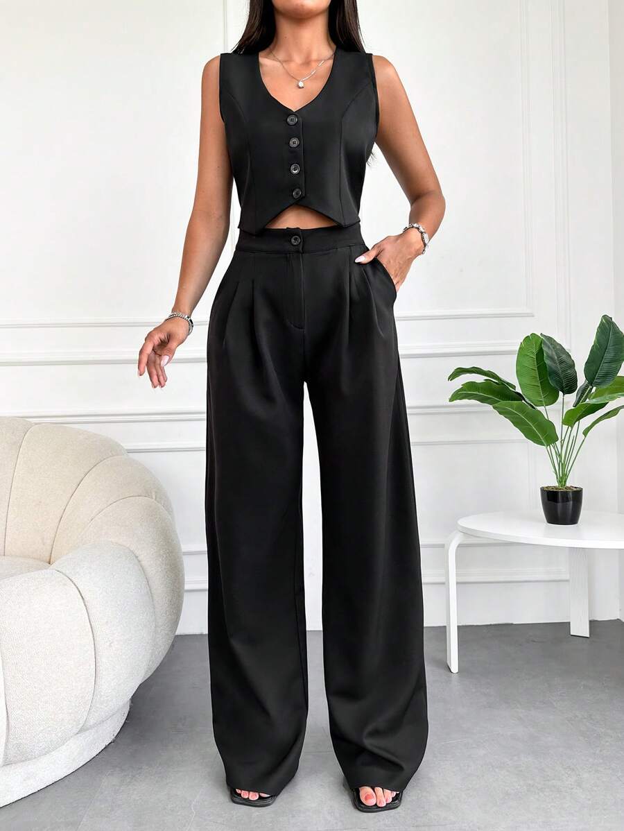 RueChic Solid Button Front Vest Blazer & Wide Leg Pants - Black - View 1