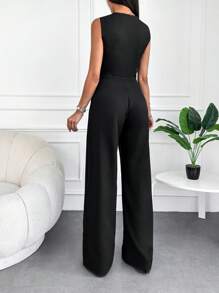 RueChic Solid Button Front Vest Blazer & Wide Leg Pants - Black - View 2