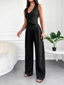 RueChic Solid Button Front Vest Blazer & Wide Leg Pants - Black - View 3