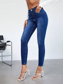 Cottnline 高腰緊身牛仔褲 - 藍色 - 查看 1