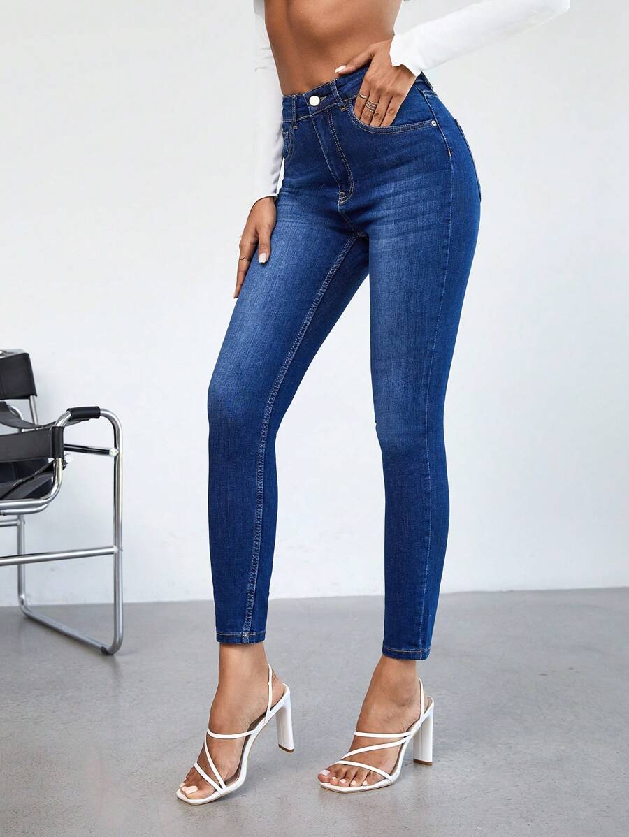 Cottnline 高腰緊身牛仔褲 - 藍色 - 查看 1