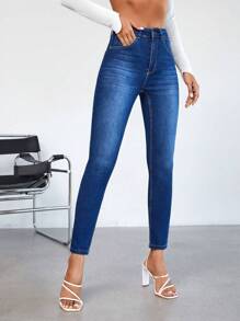 Cottnline 高腰緊身牛仔褲 - 藍色 - 查看 3