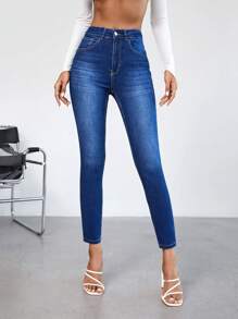 Cottnline 高腰緊身牛仔褲 - 藍色 - 查看 4