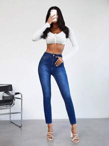 Cottnline 高腰緊身牛仔褲 - 藍色 - 查看 5