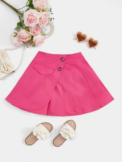 SHEIN 女小童翻蓋細節百褶下擺半身裙