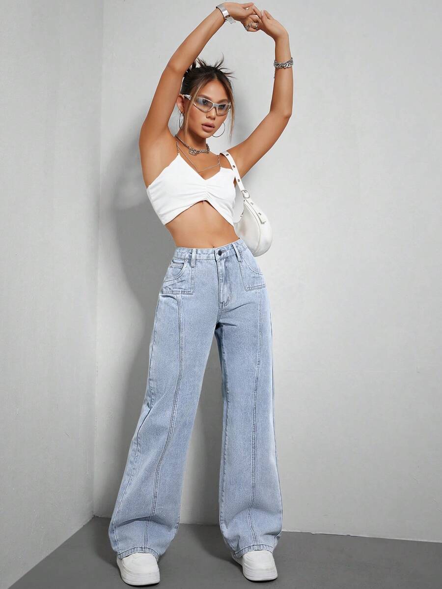 SHEIN EZwear 素色闊腿牛仔褲